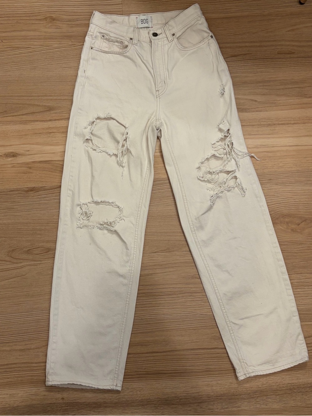 BDG Off-White Distressed Straight-Leg Jeans